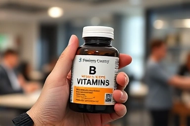 Pharmacy vitamin B bottle offering energy boost for busy lives.