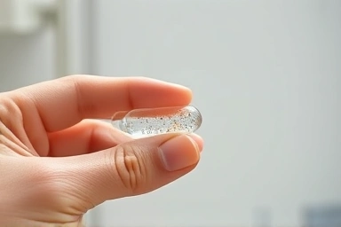 Hand holding essential selenium and iodine supplement capsule.