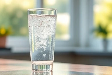 Glass of pure ion mineral water with shimmering particles.