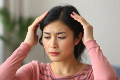 Woman experiencing dizziness, seeking relief from health symptoms.