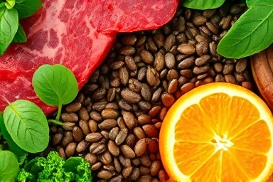 Iron-rich foods and vitamin C fruits symbolizing healthy nutrition.