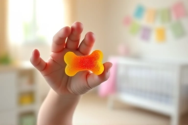 Child holding bone-shaped calcium gummy for healthy growth.