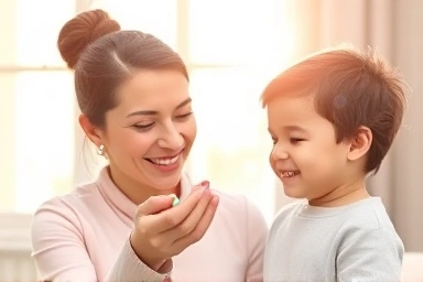 Mother giving a probiotic capsule to her child.