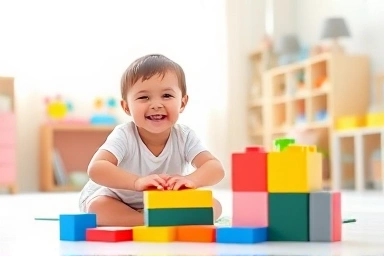 Healthy child playing happily in a sunlit room.