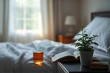 Calming bedroom scene with lemon balm tea and plant.