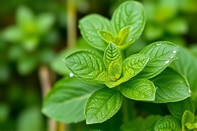 Fresh, dewy lemon balm leaves in nature.