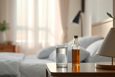 Calm bedroom, liquid magnesium supplement, restful sleep symbol.