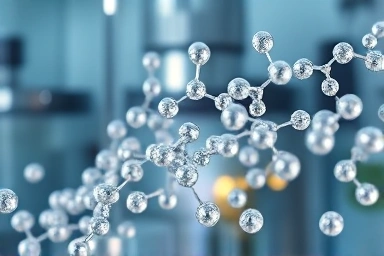 Microscopic peptide molecules glowing in scientific liquid