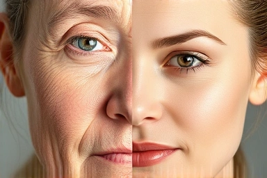 Transformation from aged skin to smooth, radiant skin