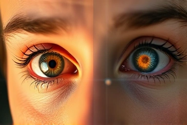 Contrast of tired vs. clear eyes, with microscopic nutrients.