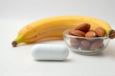 Magnesium supplements, banana, and almonds for balanced intake.