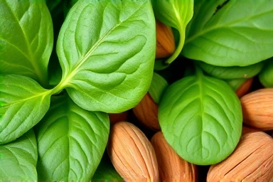 Healthy magnesium-rich foods: spinach and almonds.