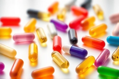 Colorful supplement capsules and tablets arranged elegantly