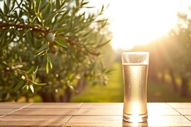 Serene olive grove with a glass of clear liquid.