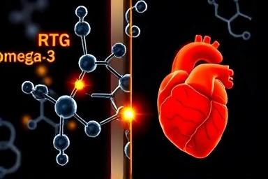 Omega-3 rTG molecular structure and its health benefits illustration.
