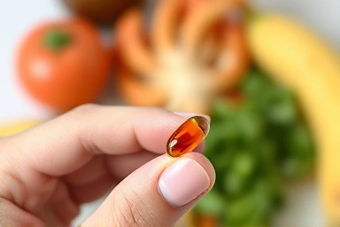 Hand holding a small omega-3 capsule, emphasizing ease of use.