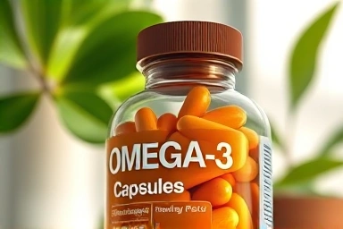 Omega-3 capsules bottle, healthy supplement focus
