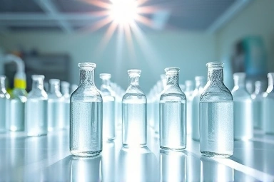 Pristine laboratory with glowing omega-3 vials, representing purity and science.