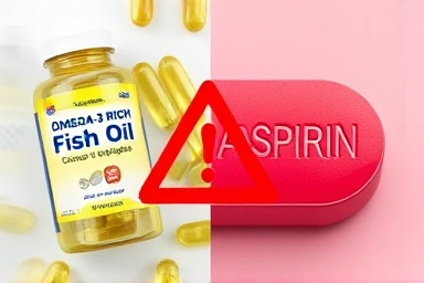 Omega-3 capsules and aspirin tablet symbolizing combined intake risk