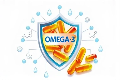 Shield of scientific symbols protecting diverse omega-3 supplements.