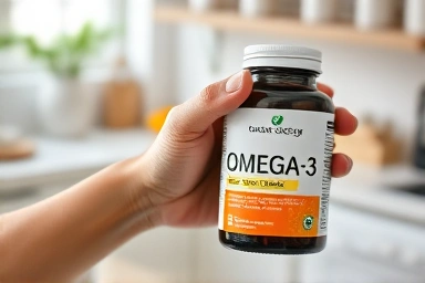 Hand holding Omega-3 bottle, near expiry, quality check.