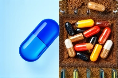 Omega-3 capsule and probiotic capsules symbolizing health.