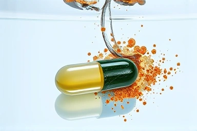 Omega-3 capsule with warning symbol against harmful additives.