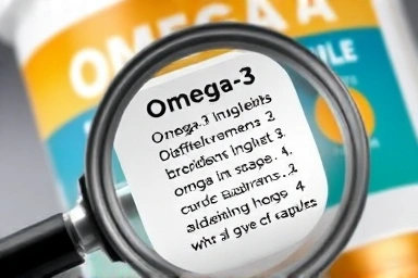 Magnifying glass over omega-3 ingredients list, highlighting caution.