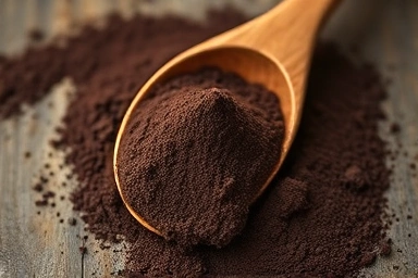 Close-up of potent Peruvian black maca powder, natural energy source