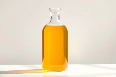 Clear glass bottle filled with golden omega-3 oil