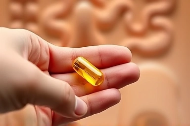 Probiotic capsule in digestive fluid, symbolizing gut health.