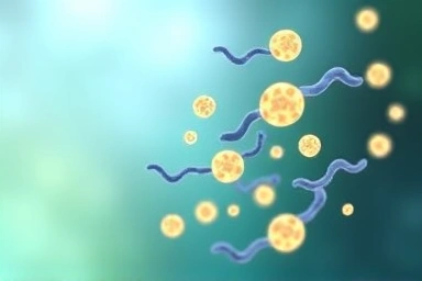 Abstract healthy gut microbiome with glowing bacteria