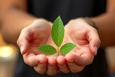 Hands holding a vibrant green leaf, symbolizing health and vitality.