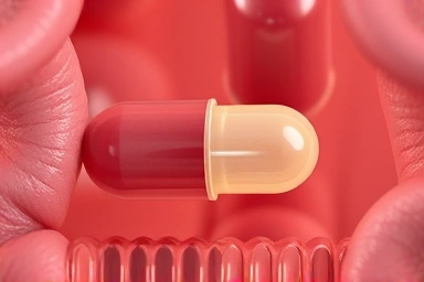 Probiotic capsule protected by a shield in digestive fluid.