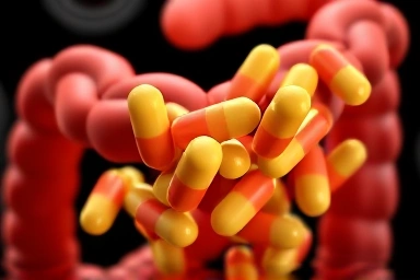 Probiotic capsules integrating into a healthy digestive system.