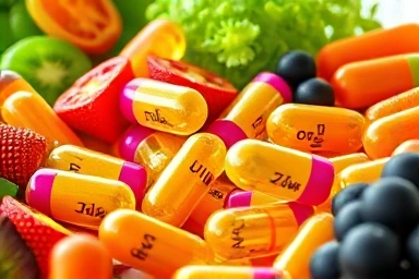 Probiotic capsules with healthy foods, symbolizing gut health.