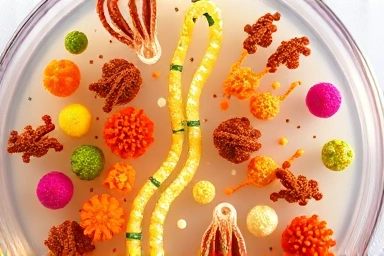 Diverse probiotic bacteria cultures in petri dish, healthy gut ecosystem.