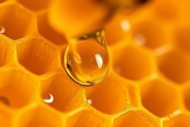 Golden propolis resin dripping from honeycomb