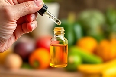 Liquid propolis in dropper bottle with healthy food