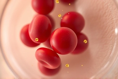 Microscopic view of smooth blood flow and antioxidant particles.