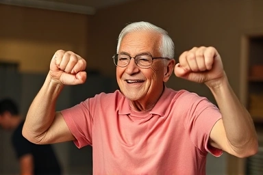Elderly person exercising with nutrient support for vitality.