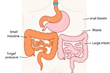 Illustration of digestive system with probiotics aiding function.