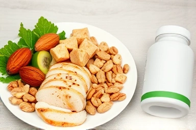 Balanced healthy food and a clean supplement bottle.