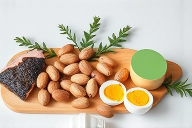 Natural selenium-rich foods and a supplement bottle.
