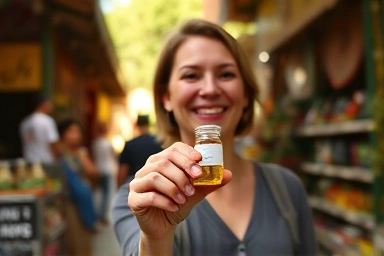 Traveler with travel probiotic supplement bottle in foreign market