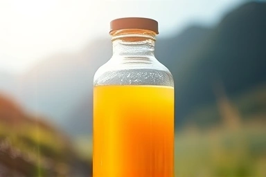Premium Vitamin C supplement in clear glass bottle with soft lighting.