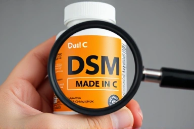 Magnifying glass inspecting vitamin C label for 'Quali-C' and UK origin.