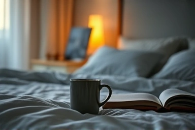 Tranquil bedroom with valerian root tea promoting natural sleep.
