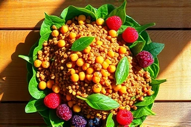 Healthy vegan meal with iron-rich foods and berries.