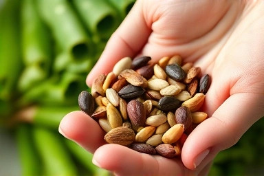 Hand holding iron-rich seeds and nuts with leafy greens.